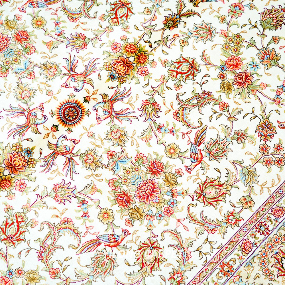 Beige Floral Hereke Hand-Knotted Pure Silk Qom Area Rug 4x6ft - Image 6