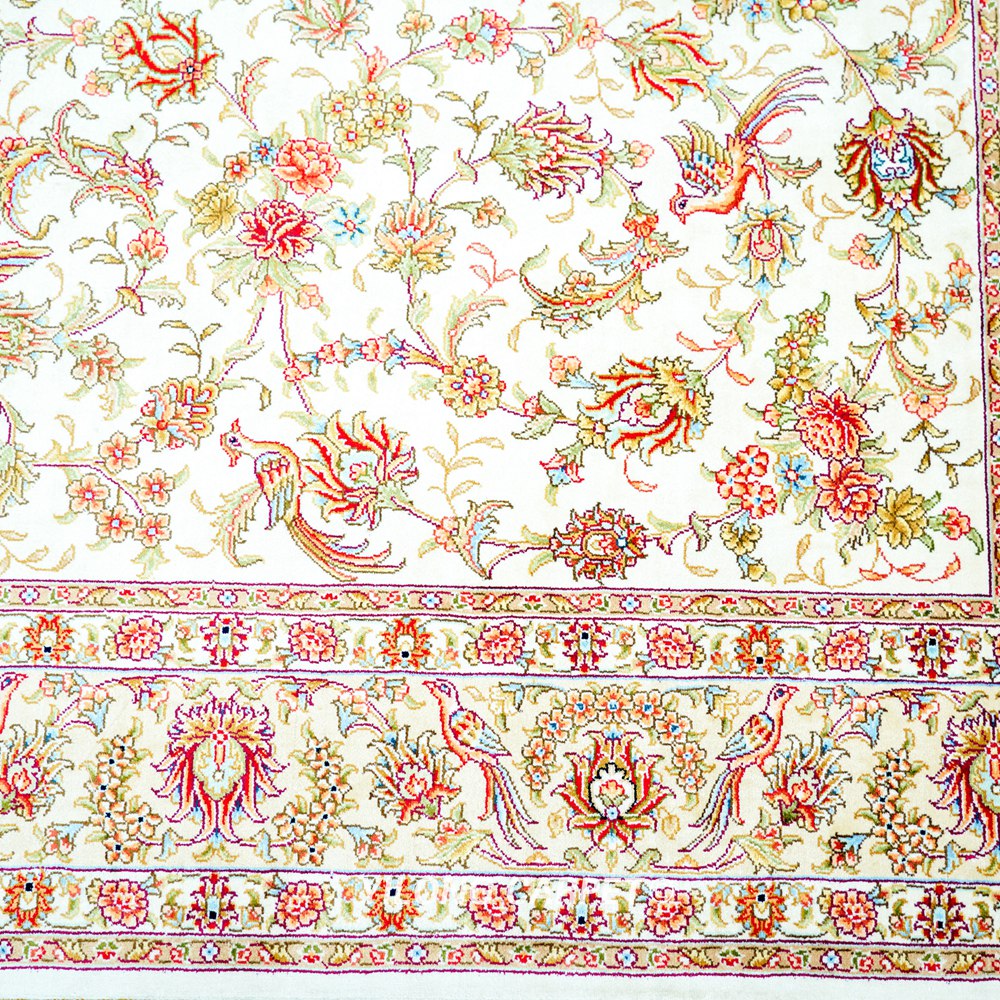 Beige Floral Hereke Hand-Knotted Pure Silk Qom Area Rug 4x6ft - Image 7