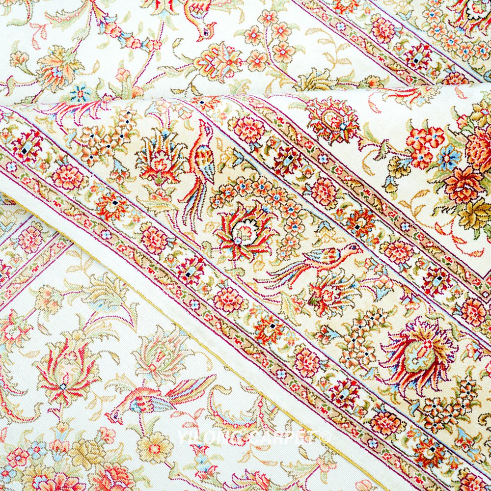 Beige Floral Hereke Hand-Knotted Pure Silk Qom Area Rug 4x6ft - Image 8