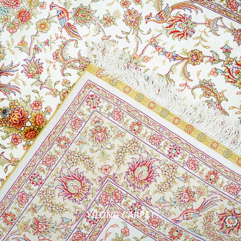 Beige Floral Hereke Hand-Knotted Pure Silk Qom Area Rug 4x6ft - Image 9