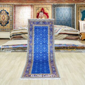 royal blue allover floral hand-knotted silk runner rug 3x8 ft