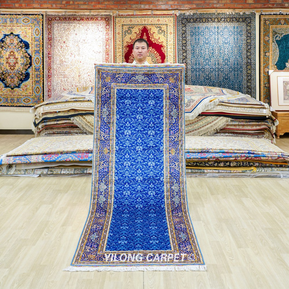 royal blue allover floral hand-knotted silk runner rug 3x8 ft
