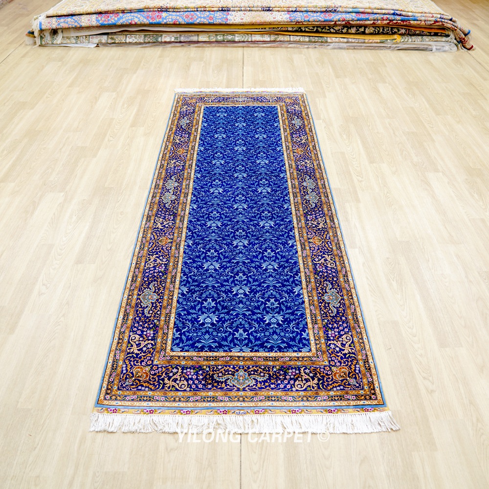 royal blue silk hallway runner rug 3x8 ft full view