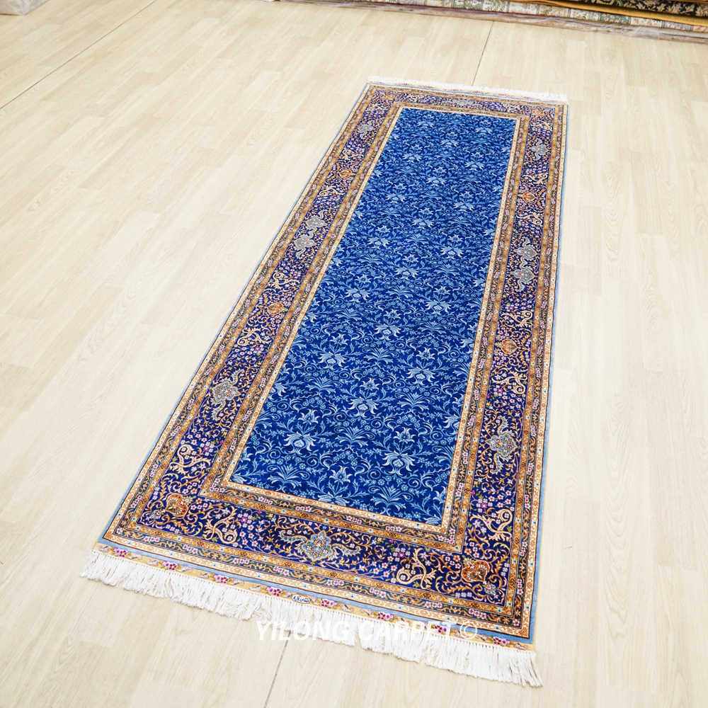 hand-knotted silk runner rug royal blue pattern detail