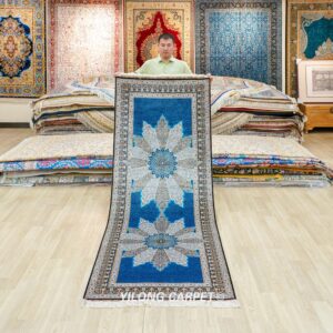 turquoise floral medallion hand-knotted silk runner rug 3x8 ft