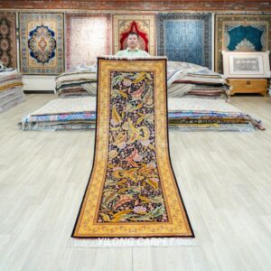 black and gold scroll floral hand-knotted silk runner rug 3x8 ft