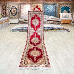 burgundy floral medallion hand-knotted silk runner rug 2.6x9.84 ft