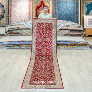 burgundy allover floral hand-knotted silk runner rug 2.6x9.84 ft