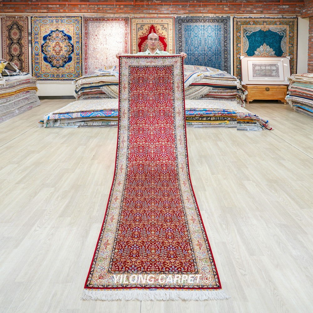 burgundy hereke hand-knotted silk runner rug 2.6x9.84 ft