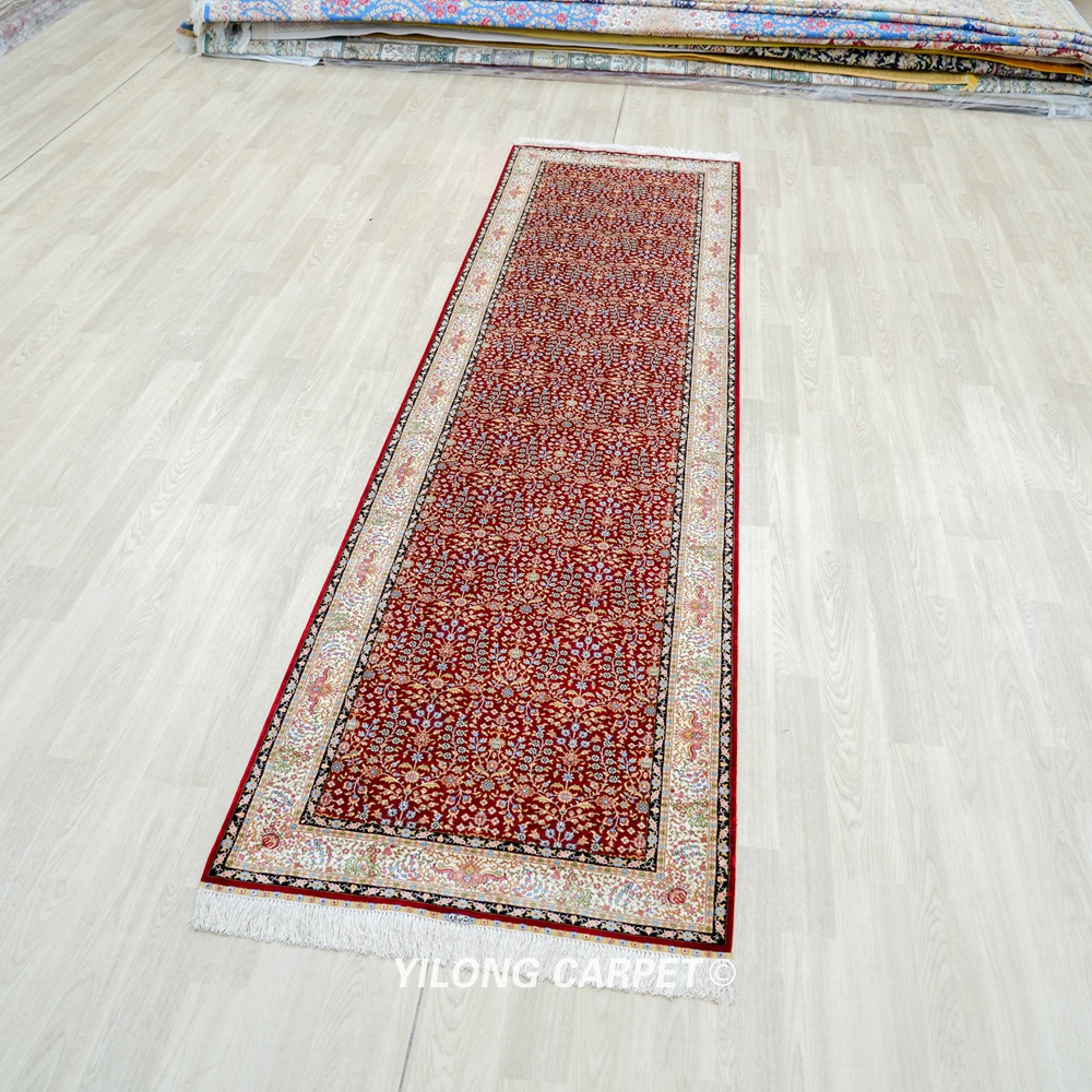hand-knotted silk runner rug burgundy pattern detail