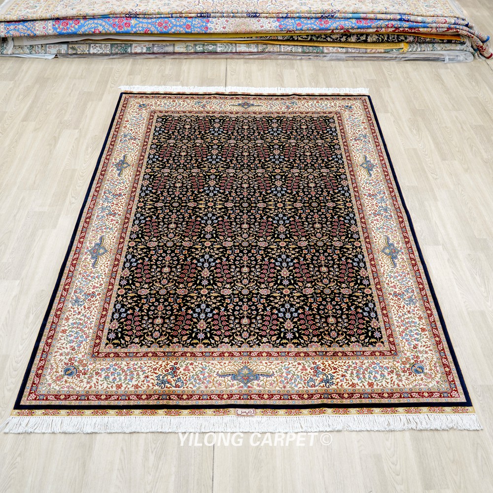Black Allover Floral Hand-Knotted Silk Area Rug for Living Room 5.5x8ft - Image 3