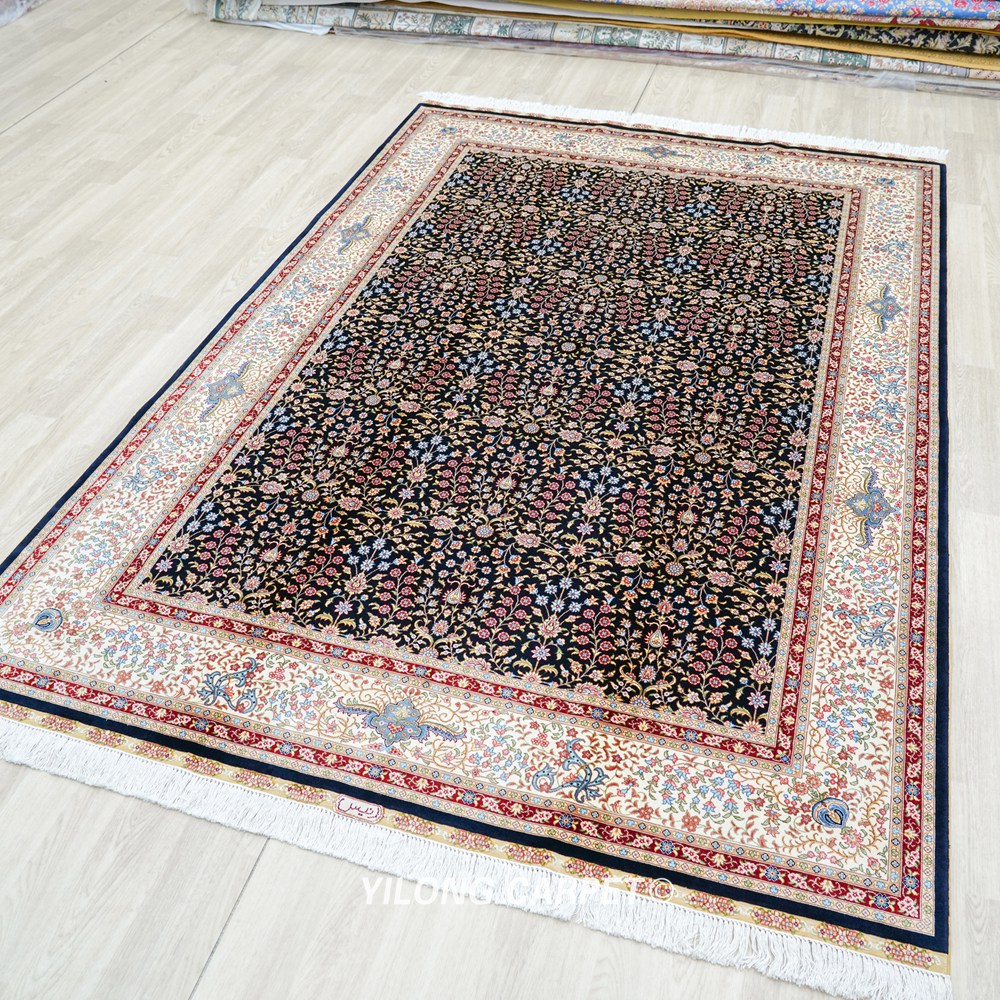 Black Allover Floral Hand-Knotted Silk Area Rug for Living Room 5.5x8ft - Image 4