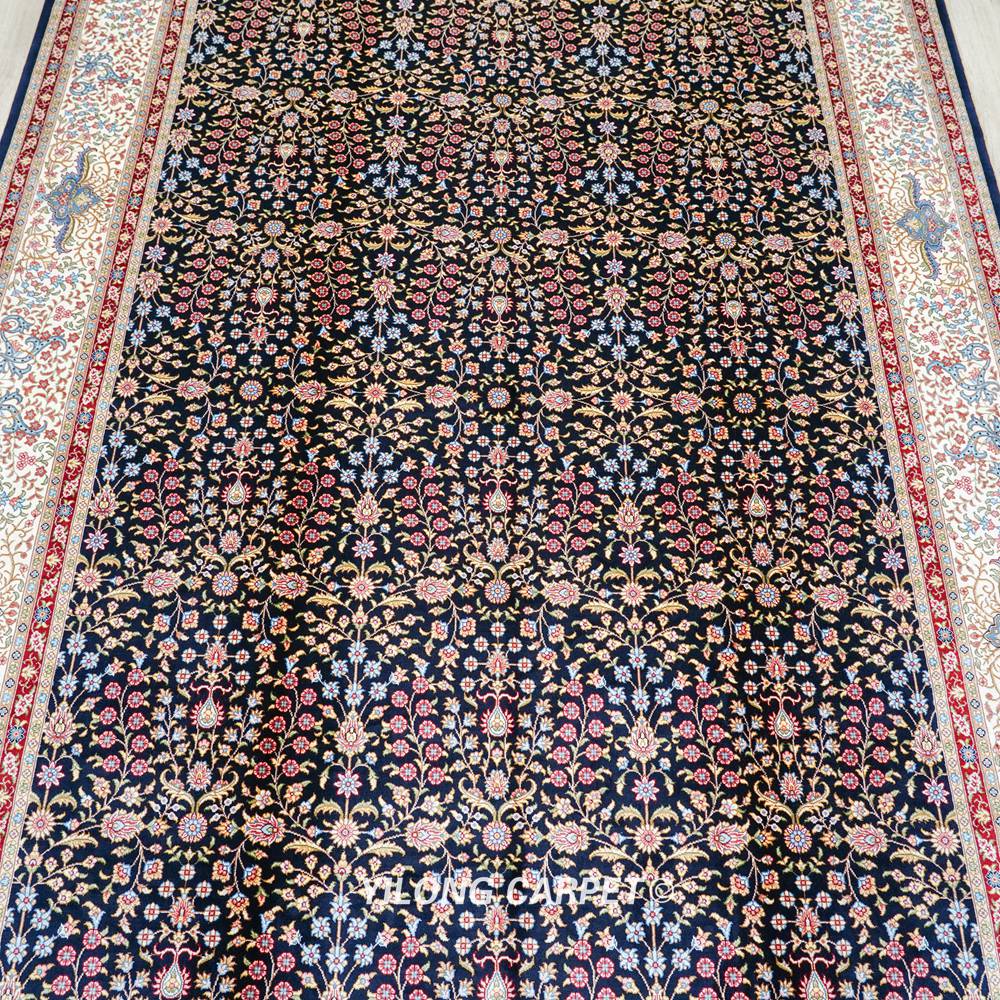 Black Allover Floral Hand-Knotted Silk Area Rug for Living Room 5.5x8ft - Image 5