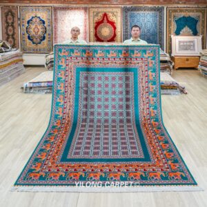 Teal and Orange Geometric Panel Hand-Knotted Silk Area Rug 6x9ft