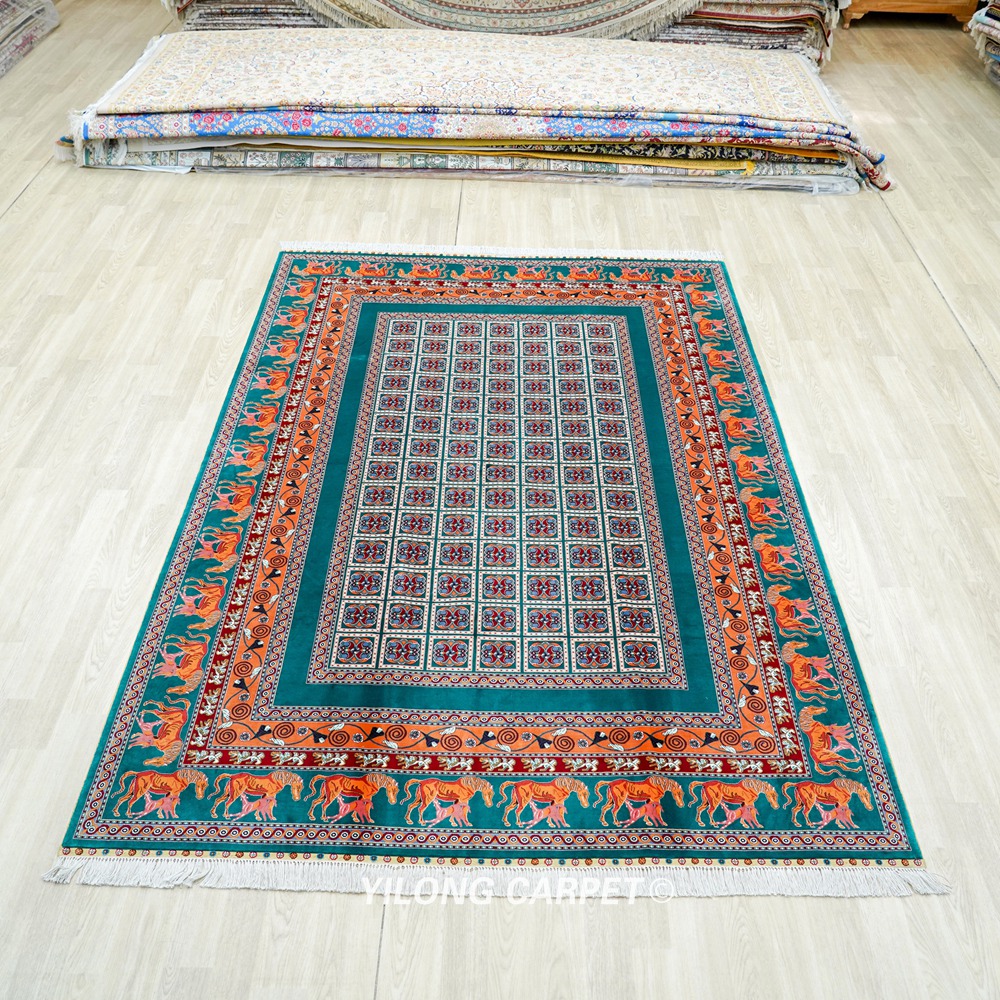Teal and Orange Geometric Panel Hand-Knotted Silk Area Rug 6x9ft - Image 3