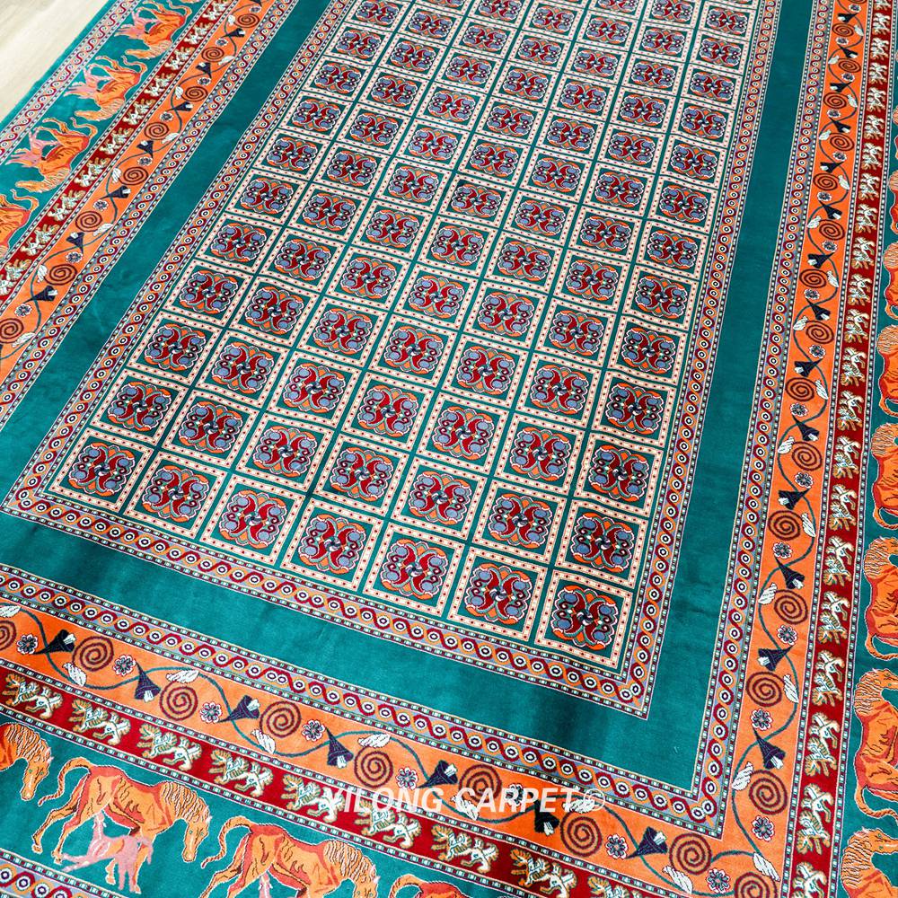 Teal and Orange Geometric Panel Hand-Knotted Silk Area Rug 6x9ft - Image 4