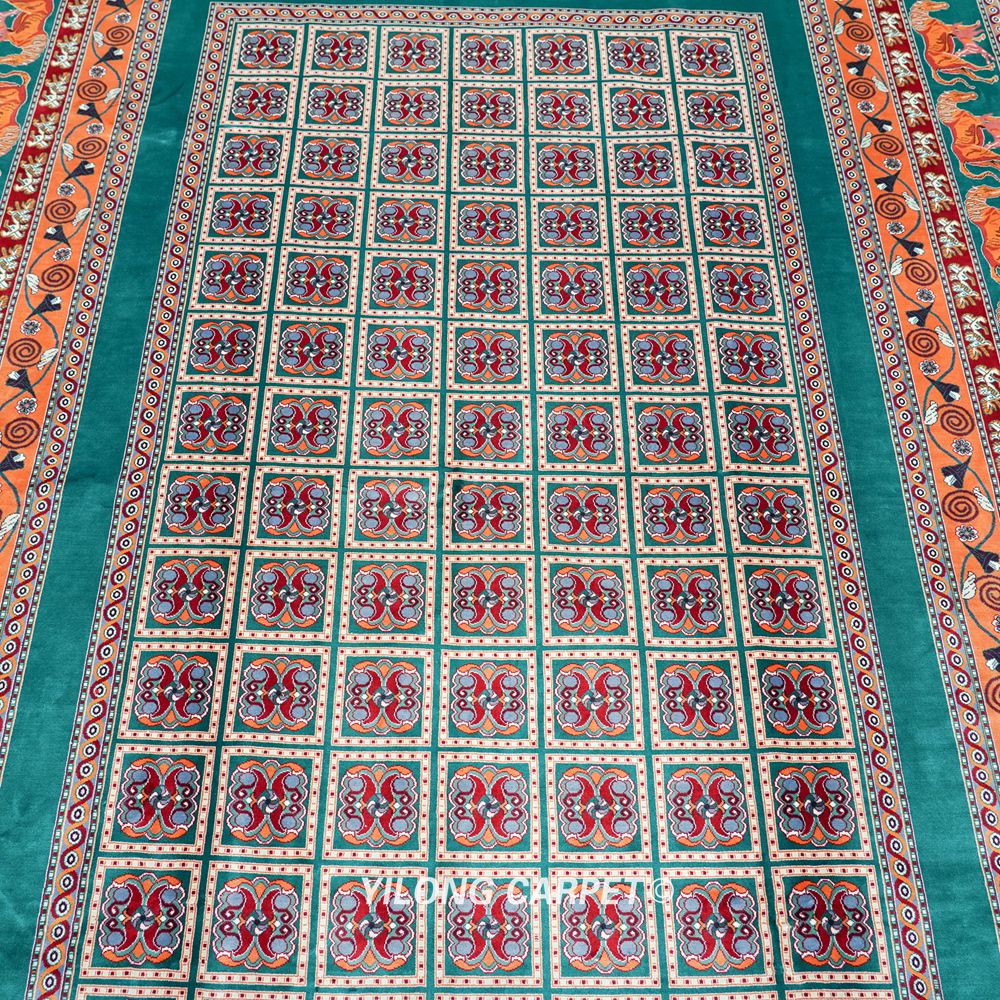 Teal and Orange Geometric Panel Hand-Knotted Silk Area Rug 6x9ft - Image 5