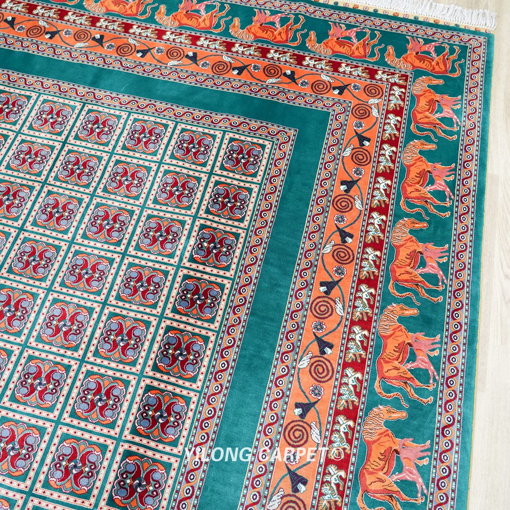 Teal and Orange Geometric Panel Hand-Knotted Silk Area Rug 6x9ft - Image 6