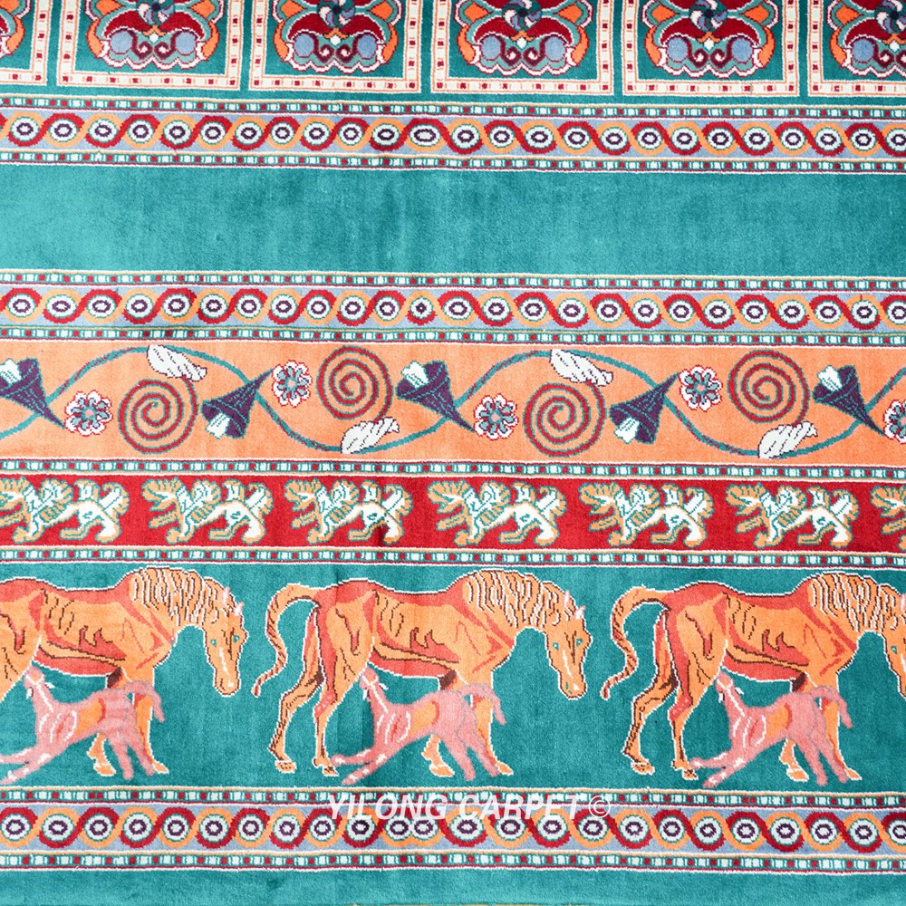 Teal and Orange Geometric Panel Hand-Knotted Silk Area Rug 6x9ft - Image 7