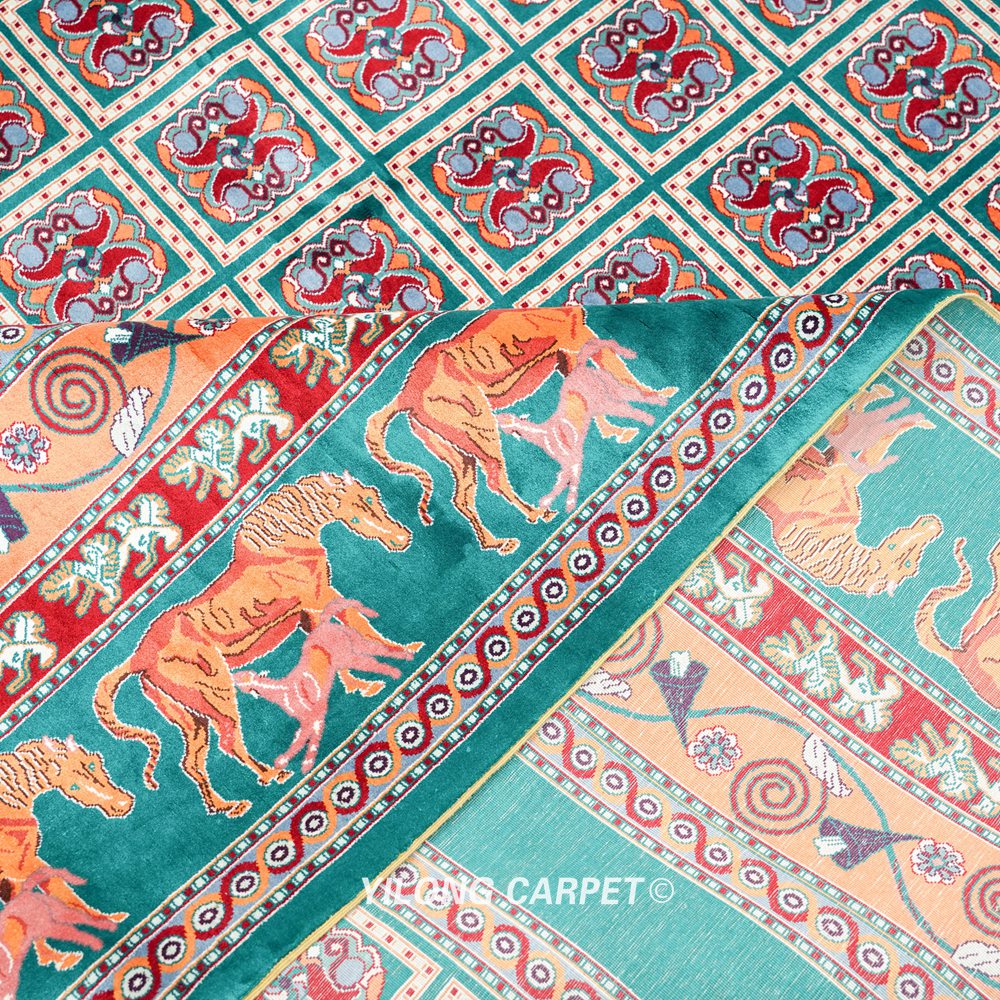Teal and Orange Geometric Panel Hand-Knotted Silk Area Rug 6x9ft - Image 8