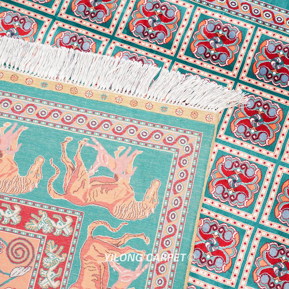 Teal and Orange Geometric Panel Hand-Knotted Silk Area Rug 6x9ft - Image 9