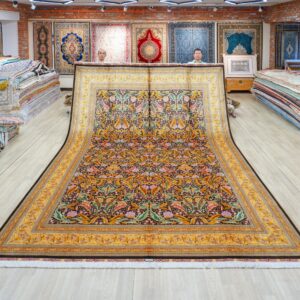 Gold and Black Allover Floral Hand-Knotted Silk Rug 10x14ft