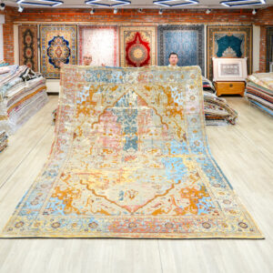 Ivory and Gold Handmade Wool Area Rug for Living Room 8.92x12.07ft