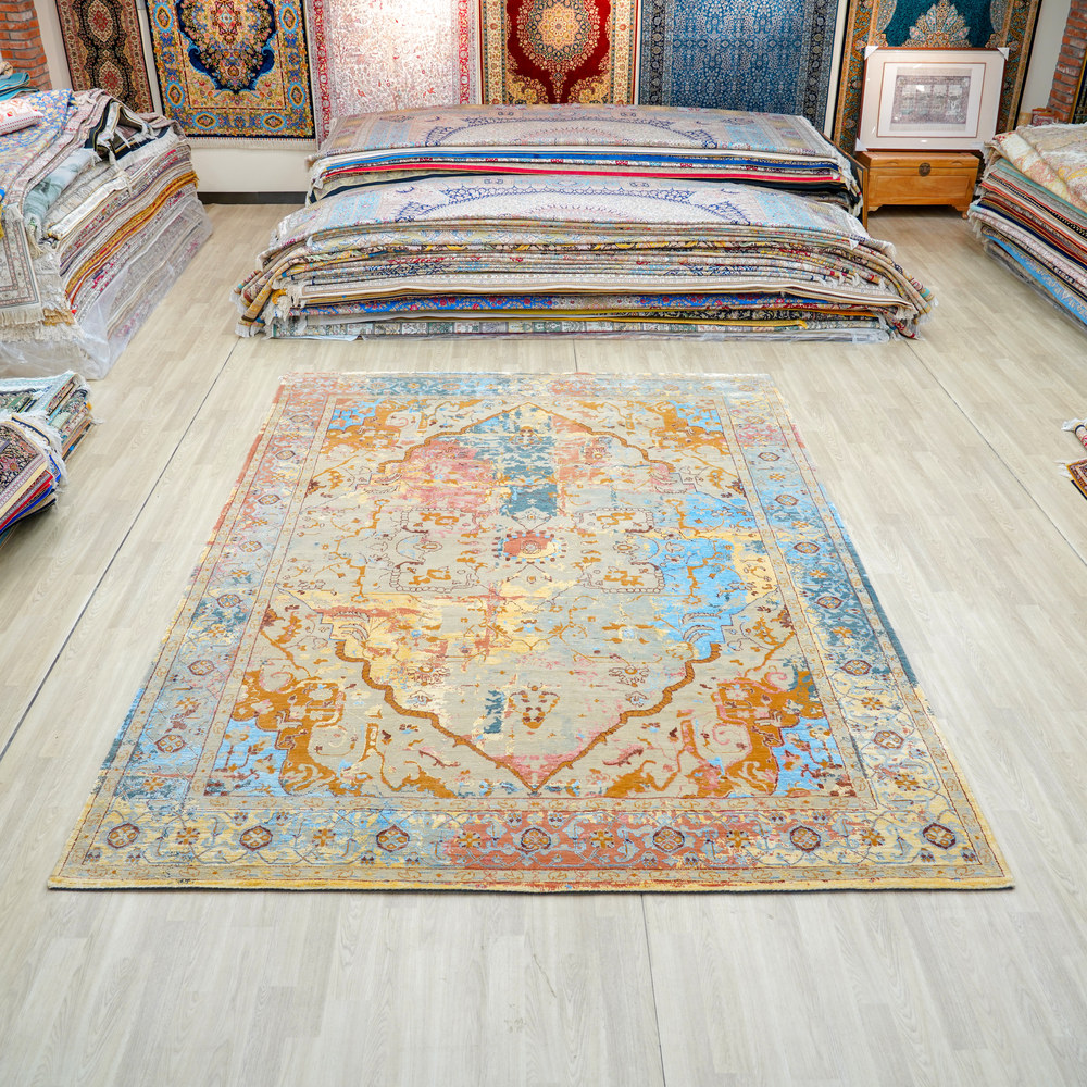 Ivory and Gold Handmade Wool Area Rug for Living Room 8.92x12.07ft - Image 3
