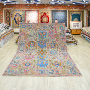 Teal and Orange Handmade Wool Area Rug for Living Room 9.02x11.98ft