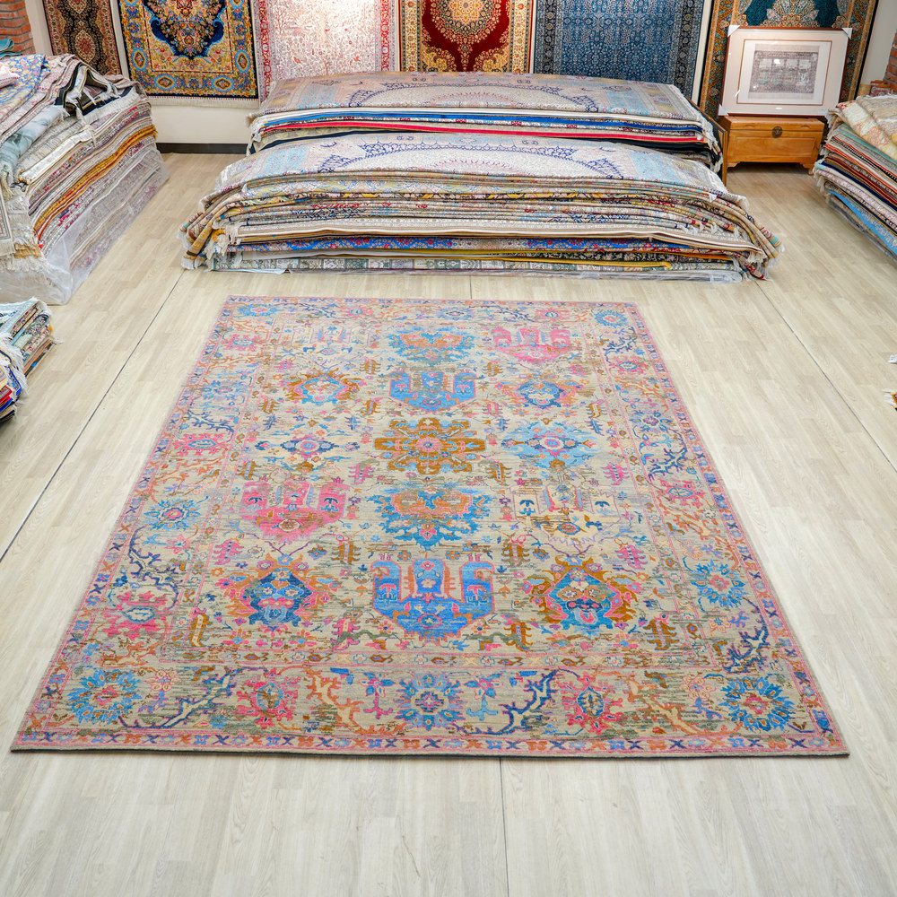 Teal and Orange Handmade Wool Area Rug for Living Room 9.02x11.98ft - Image 3