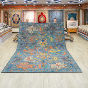 Ivory and Blue Handmade Wool Area Rug for Living Room 8.96x12.07ft