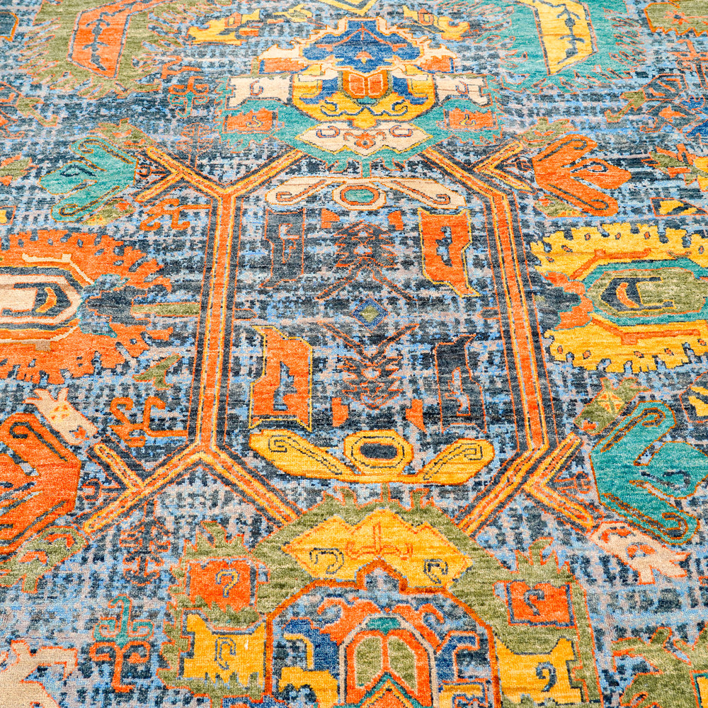 Ivory and Blue Handmade Wool Area Rug for Living Room 8.96x12.07ft - Image 5