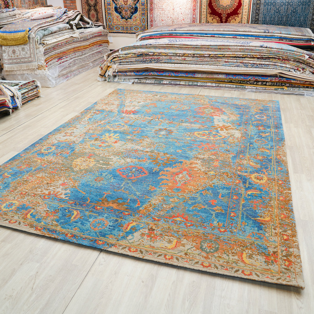 Blue and Orange Handmade Wool Area Rug for Living Room 8.99x12.04ft - Image 3