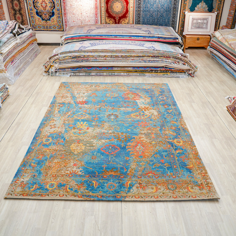 Blue and Orange Handmade Wool Area Rug for Living Room 8.99x12.04ft - Image 4