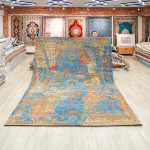 Blue and Orange Handmade Wool Area Rug for Living Room 8.99x12.04ft