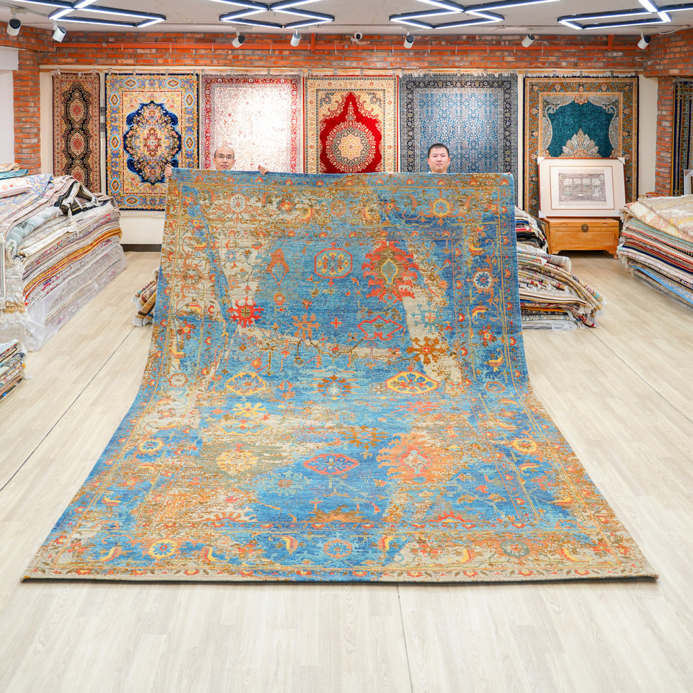 Blue and Orange Handmade Wool Area Rug for Living Room 8.99x12.04ft