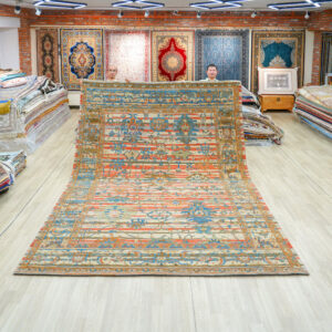Ivory and Turquoise Handmade Wool Area Rug for Living Room 8.89x11.98ft