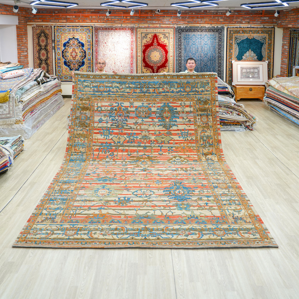 Ivory and Turquoise Handmade Wool Area Rug for Living Room 8.89x11.98ft