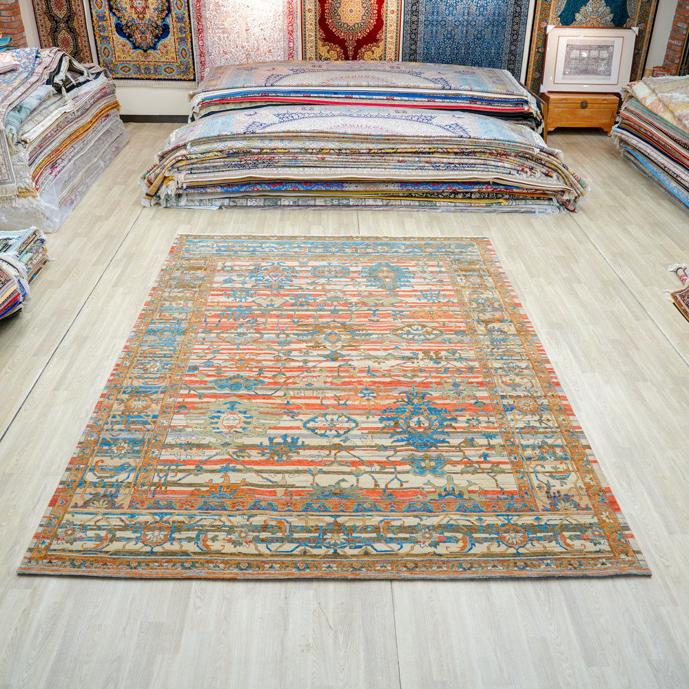 Ivory and Turquoise Handmade Wool Area Rug for Living Room 8.89x11.98ft - Image 3