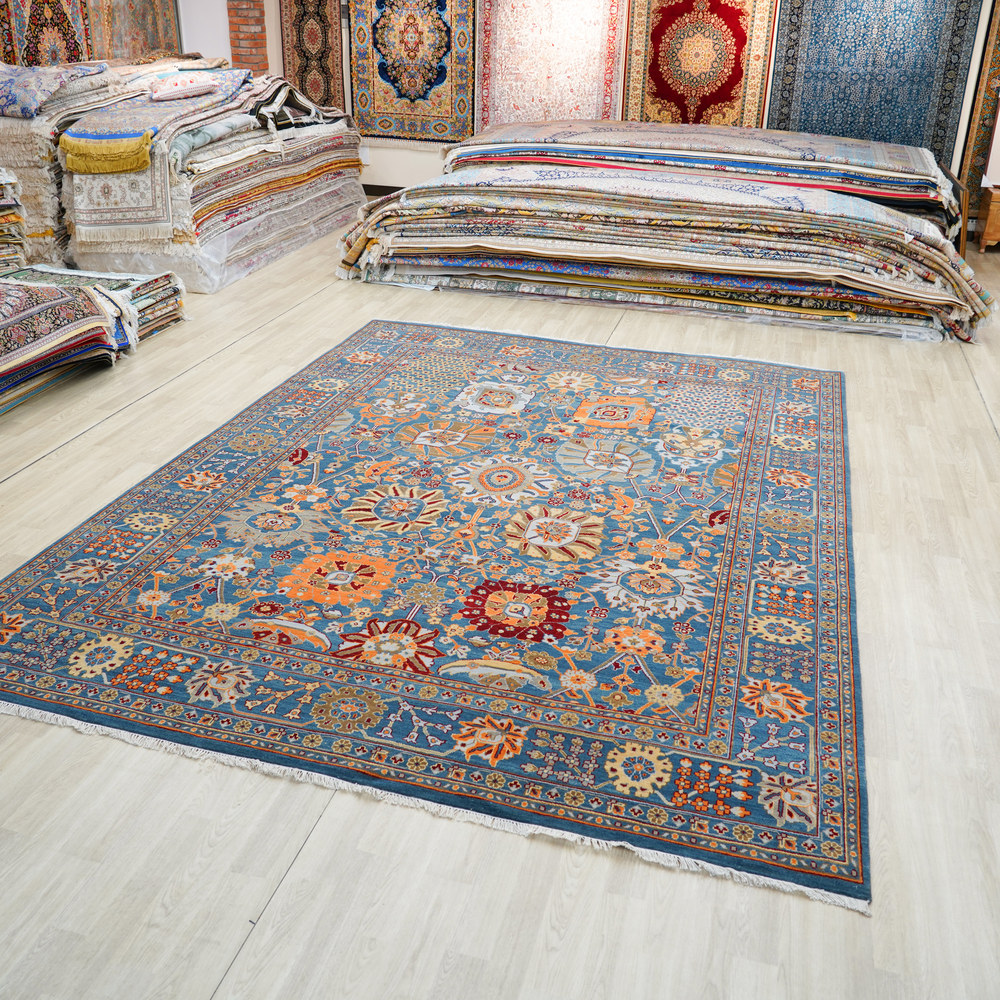 Aqua and Orange Handmade Wool Area Rug for Living Room 9.02x11.98ft - Image 4