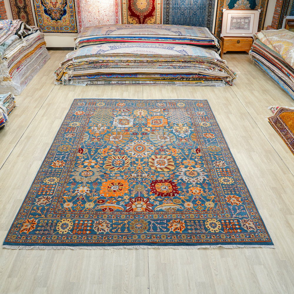 Aqua and Orange Handmade Wool Area Rug for Living Room 9.02x11.98ft - Image 3