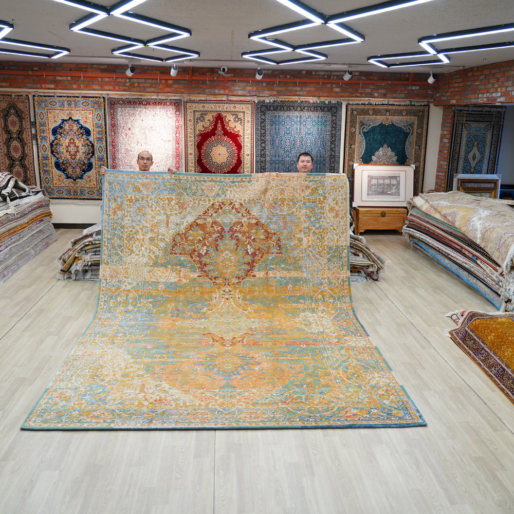 Sage and Aqua Handmade Wool Area Rug for Living Room 9.02x12.07ft