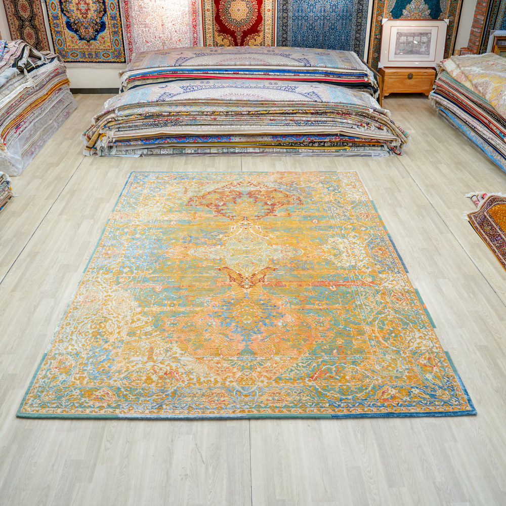 Sage and Aqua Handmade Wool Area Rug for Living Room 9.02x12.07ft - Image 3