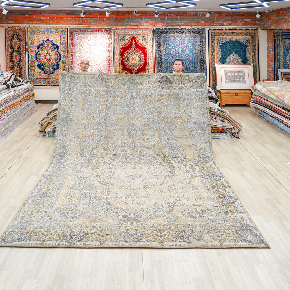 Ivory and Orange Handmade Wool Area Rug for Living Room 8.92x12.04ft