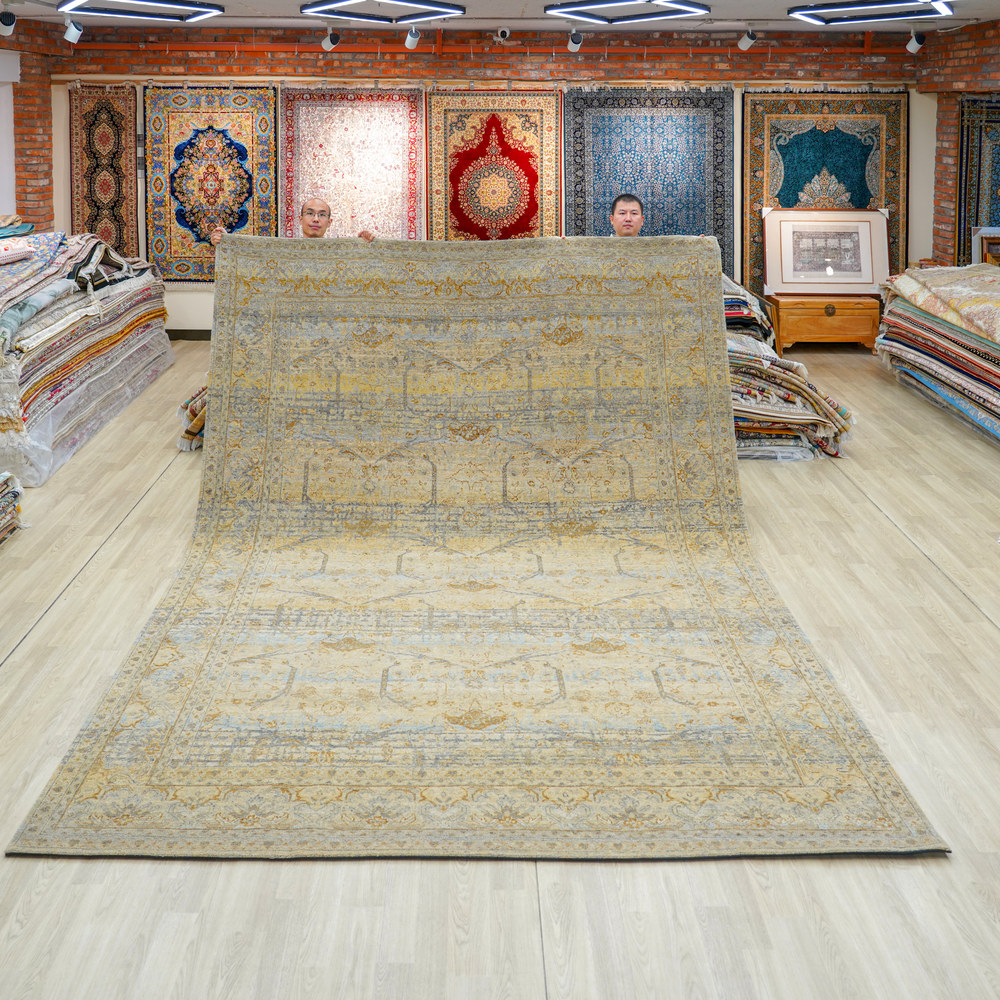Ivory and Orange Handmade Wool Area Rug for Living Room 8.96x12.07ft