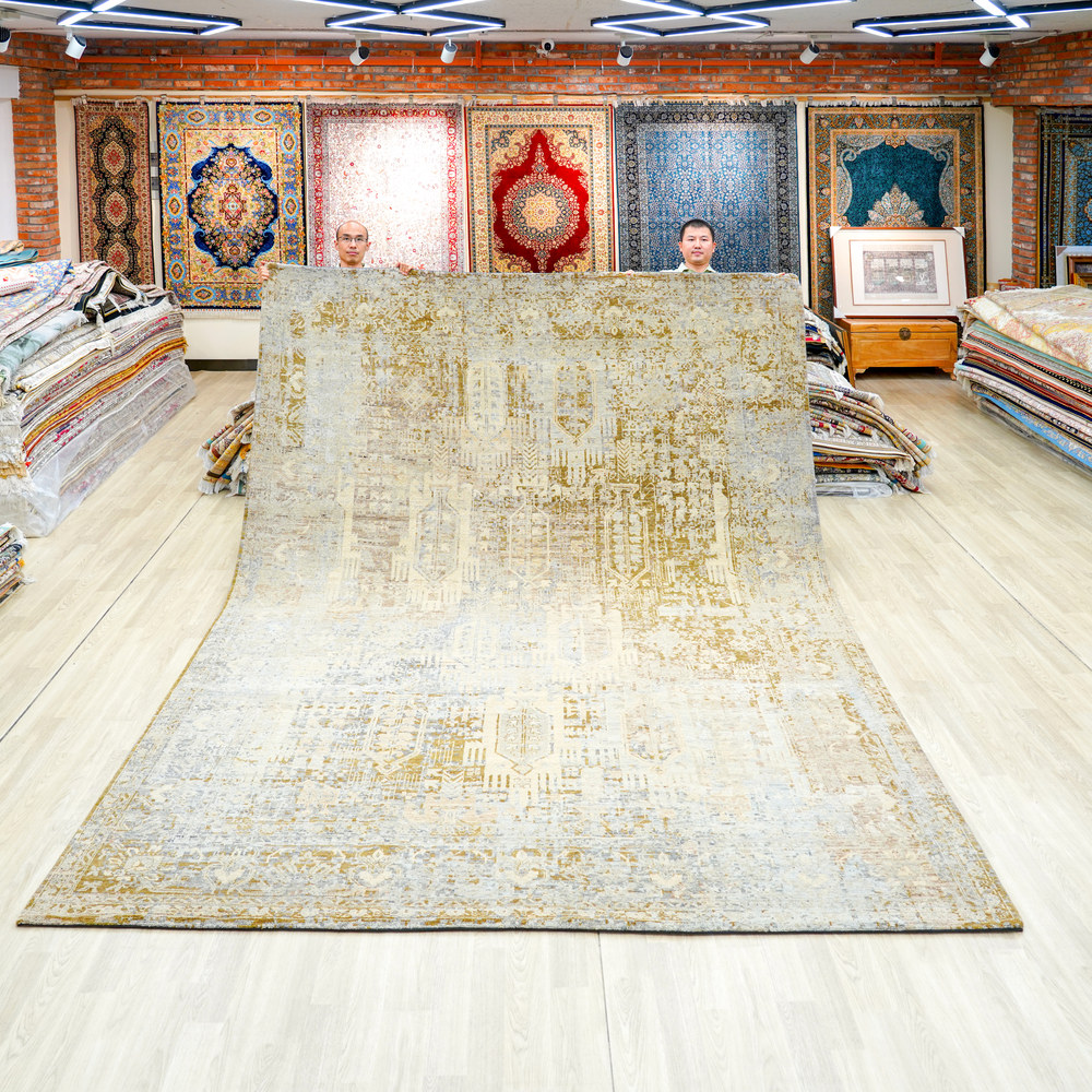 Ivory and Gold Handmade Wool Area Rug for Living Room 8.86x12.01ft