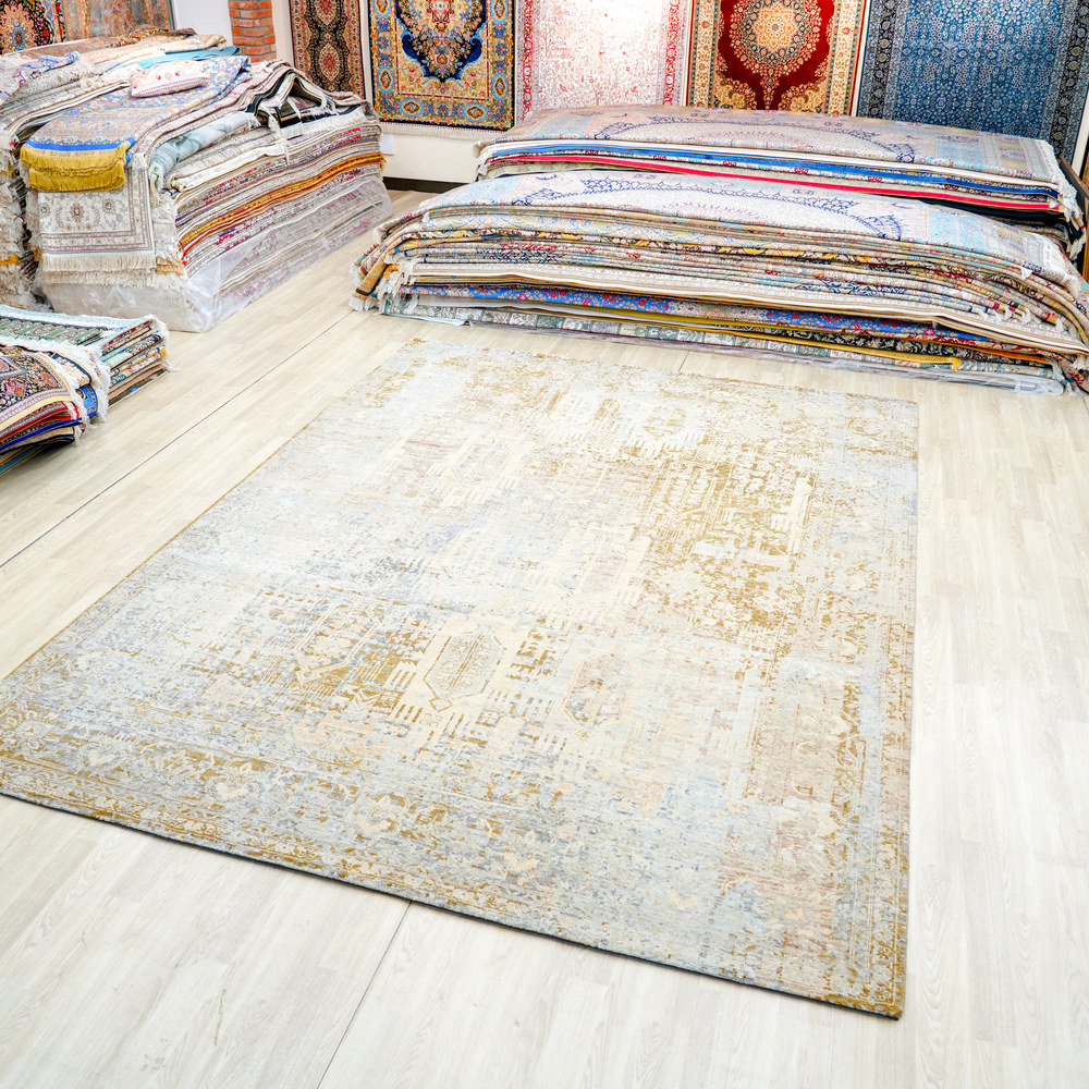 Ivory and Gold Handmade Wool Area Rug for Living Room 8.86x12.01ft - Image 4