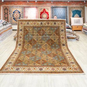 Ivory and Blue Handmade Wool Area Rug for Living Room 8.83x12.07ft