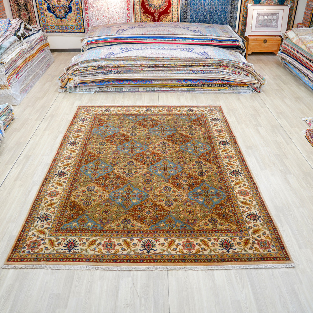 Ivory and Blue Handmade Wool Area Rug for Living Room 8.83x12.07ft - Image 3