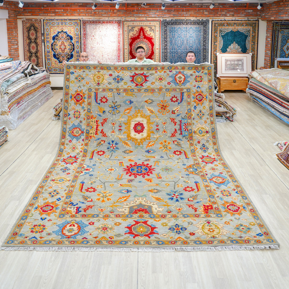 Beige and Gold Handmade Wool Area Rug for Living Room 9.06x12.07ft